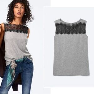 CAbi Gray and Black Lace Trim Tank Top